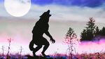 a werewolf stands as a black silhouette on a pink and blue sky