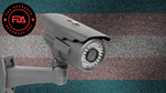 a grainy faded trans flag with an fda approved red/black logo and a giant modern surveillance camera superimposed over it.