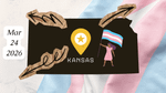 an image of the trans flag with the state of kansas in hazard colors over it. from the top of hte flag there are scribbled arrows leading outside the state's borders and a trans woman of col