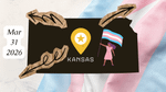 an image of the trans flag with the state of kansas in hazard colors over it. from the top of hte flag there are scribbled arrows leading outside the state's borders and a trans woman