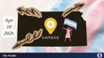 an image of the trans flag with the state of kansas in hazard colors over it. from the top of hte flag there are scribbled arrows leading outside the state's borders and a trans woman