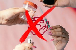 4 humans hands each holding a different medical testing instrument with a red x superimposed over them
