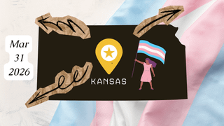 an image of the trans flag with the state of kansas in hazard colors over it. from the top of hte flag there are scribbled arrows leading outside the state's borders and a trans woman