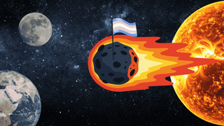 a graphic of a giant asteroid flying away from the sun, with a trans flag planted on the asteroid. the earth and moon are also visible.