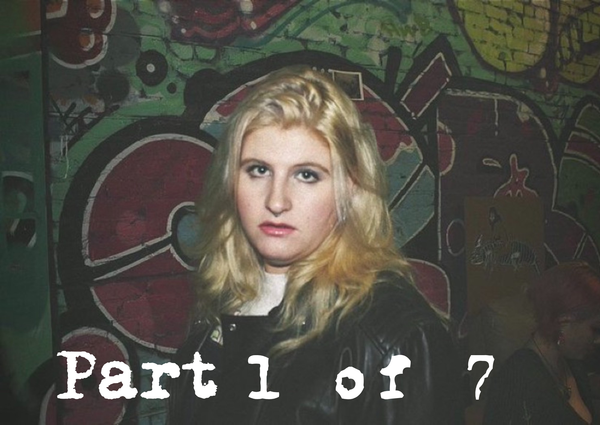 Louise Weard in character, captioned with "part 1 of 7"