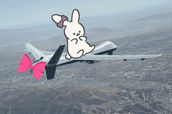 an ice reaper drone with a pink bow on the propeller and a bunny cartoon plush on top of it overlooks california airspace