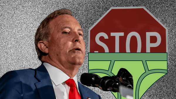 a cropped portrait of AG ken paxton on the left with a traffic stop sign on the right. there's a cartoon underwear shorts over the stop sign.