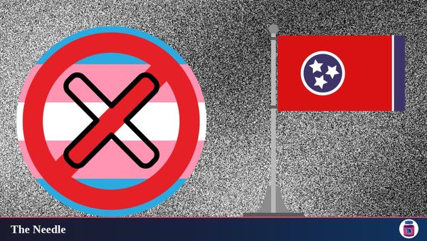 a drawing of the tenneesse flag on the right which a cancelled round trans flag on the left