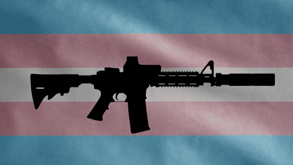 a silhouette of a gun over a shaded trans pride flag