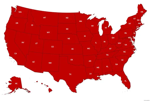 a map of all 50 US states where all of them are shaded in red