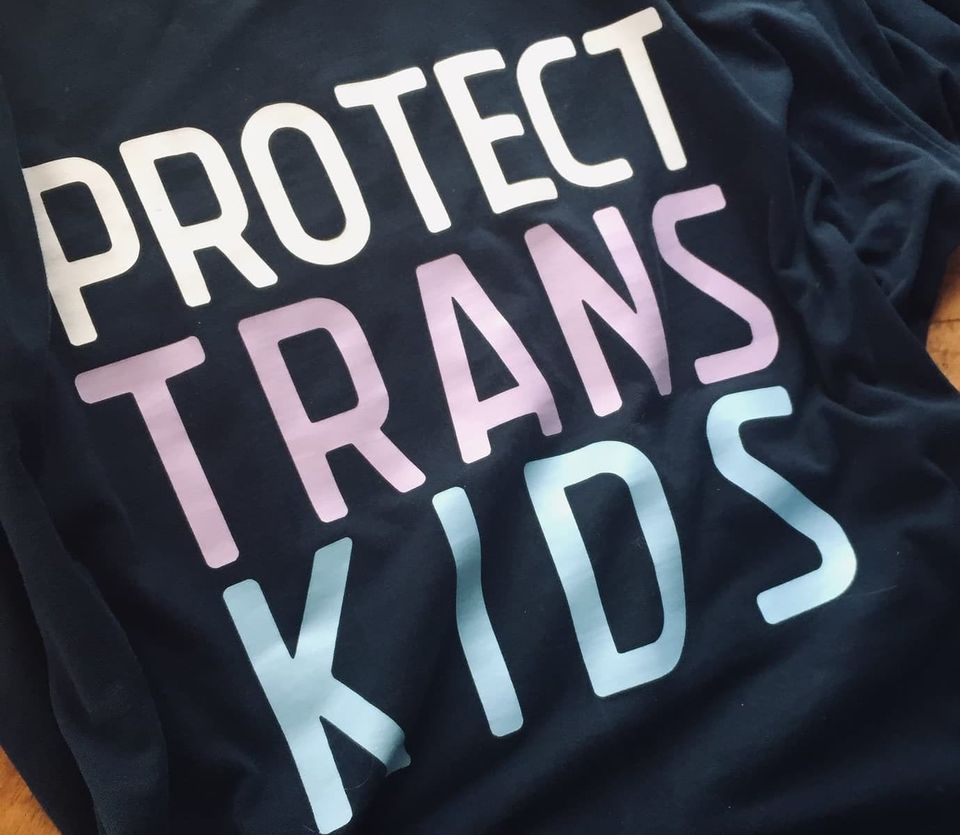 a black t-shirt that reads protect trans kids. the lettering is in the colors of the trans flag- white, pink, blue