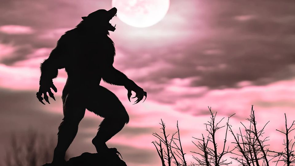 An imposing, seemingly masculine werewolf, stands on a ridge and snarls at the moon