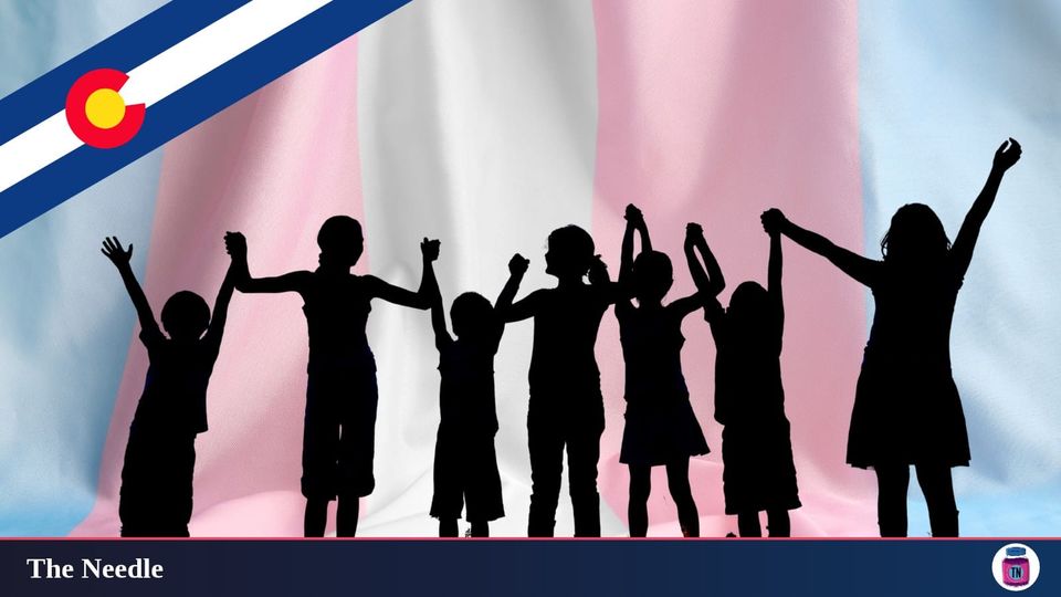 a trans flag with a sillhouette image of happy kids over it and the old/traditional colorado flag symbol on the top left