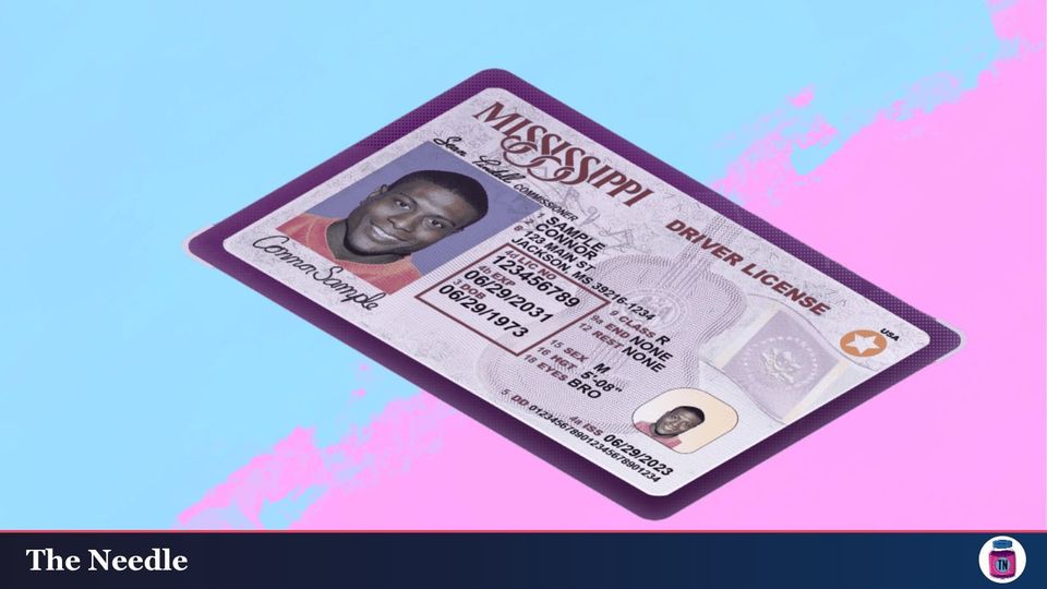 a sample mississippi  driver license over a pink and blue background.