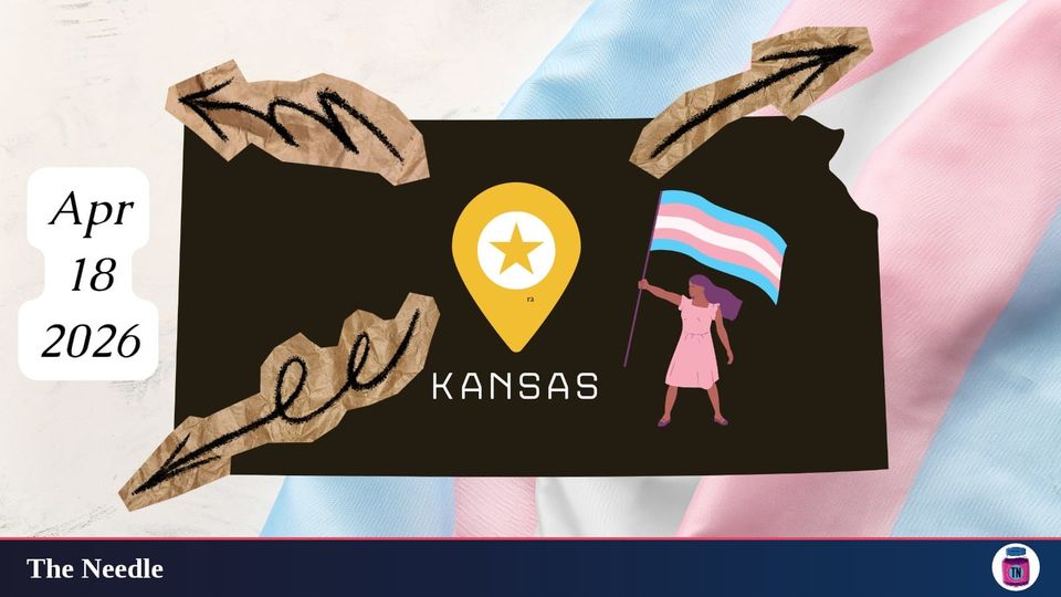 an image of the trans flag with the state of kansas in hazard colors over it. from the top of hte flag there are scribbled arrows leading outside the state's borders and a trans woman