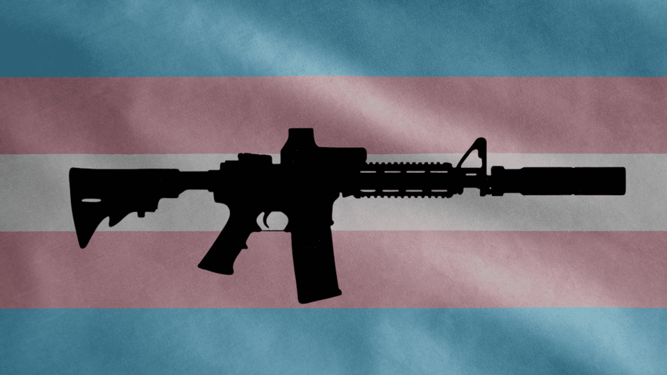 a silhouette of a gun over a shaded trans pride flag