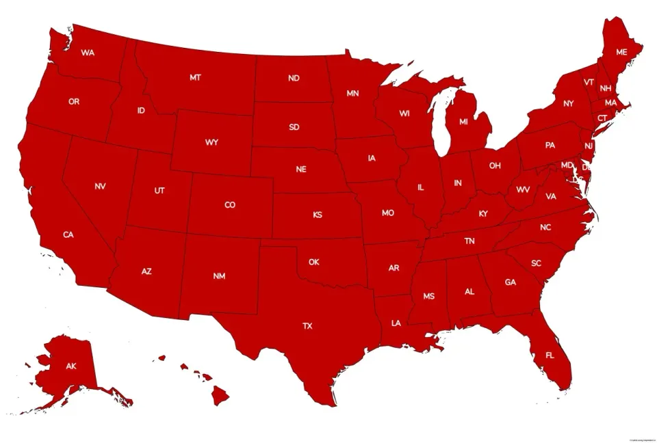 a map of all 50 US states where all of them are shaded in red
