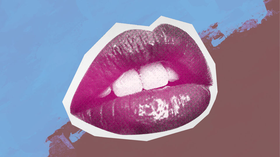 a dramatized drawn graphic of human lips over a blue and pink-brown split backgrou