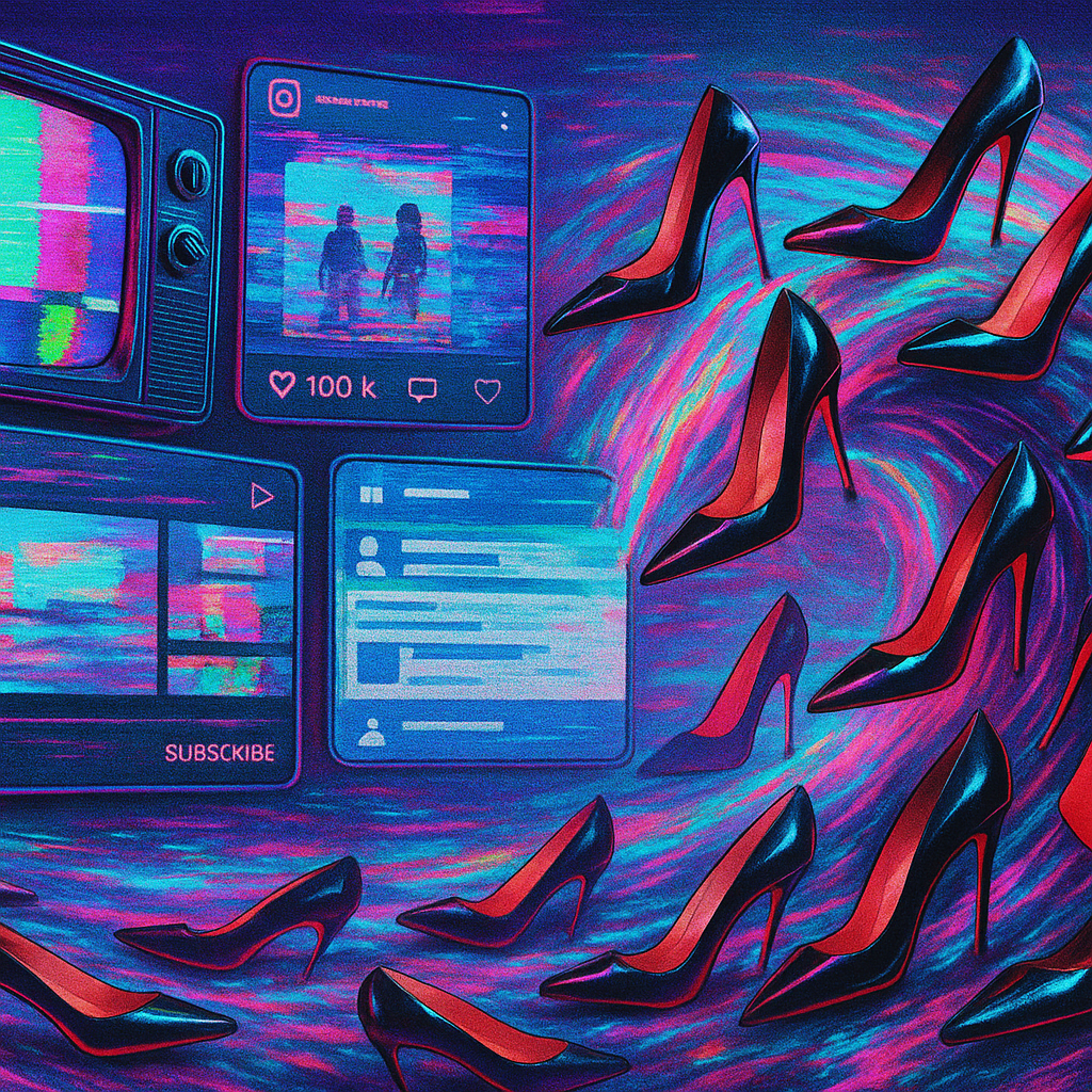 A chaotic collage of luxury logos, reality stars, and red shoes spilling from screens and tabloids, symbolizing cultural oversaturation.