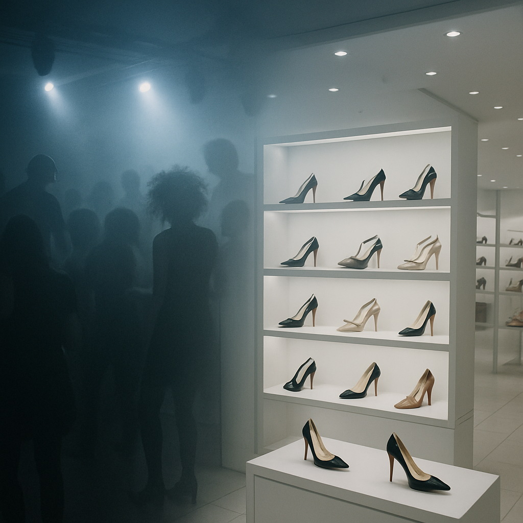 Display shelves of polished shoes in a bright department store, drained of mystery, representing domestication of desire.