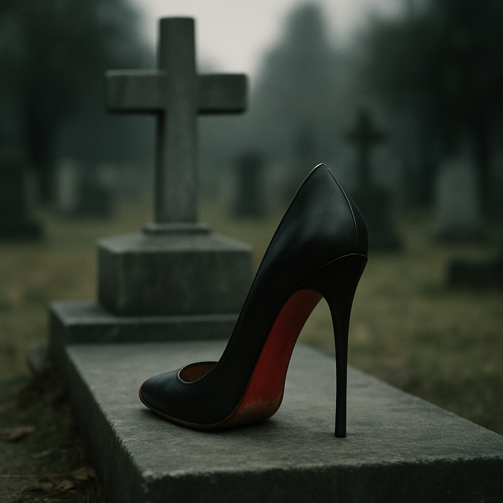 A single worn Louboutin sitting on top of a grave, red sole dulled, symbolizing the loss of erotic charge.