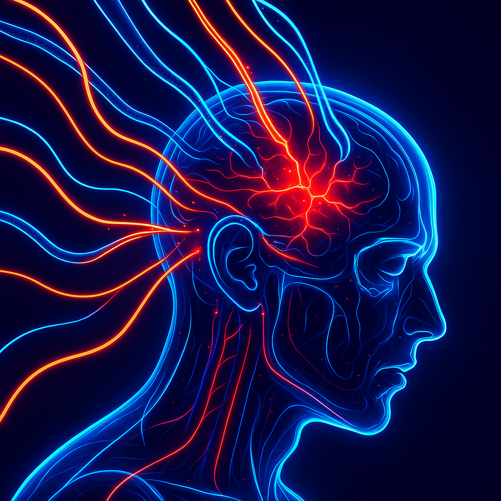 Abstract image of psychic wires plugging into a human brain, representing violation of privacy and control.