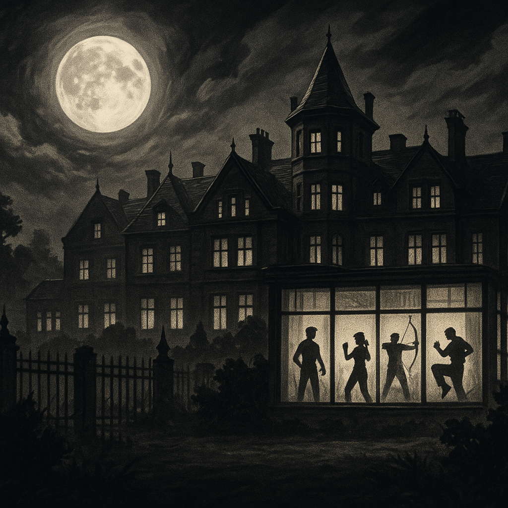 Gothic mansion glowing blue at night with silhouettes of children inside, symbolizing exploitation masked as sanctuary.