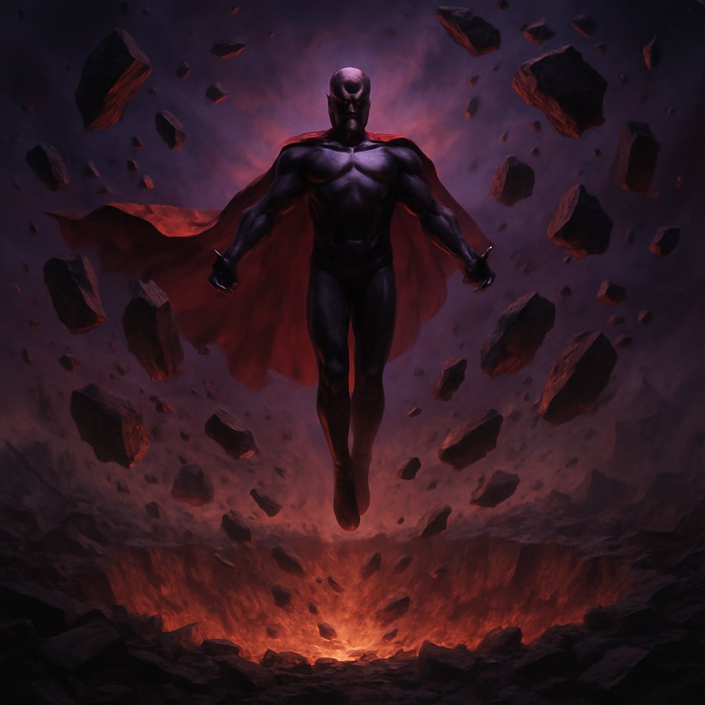 Magneto levitating above ruins, metallic debris orbiting him like a halo — defiant, tragic, righteous.