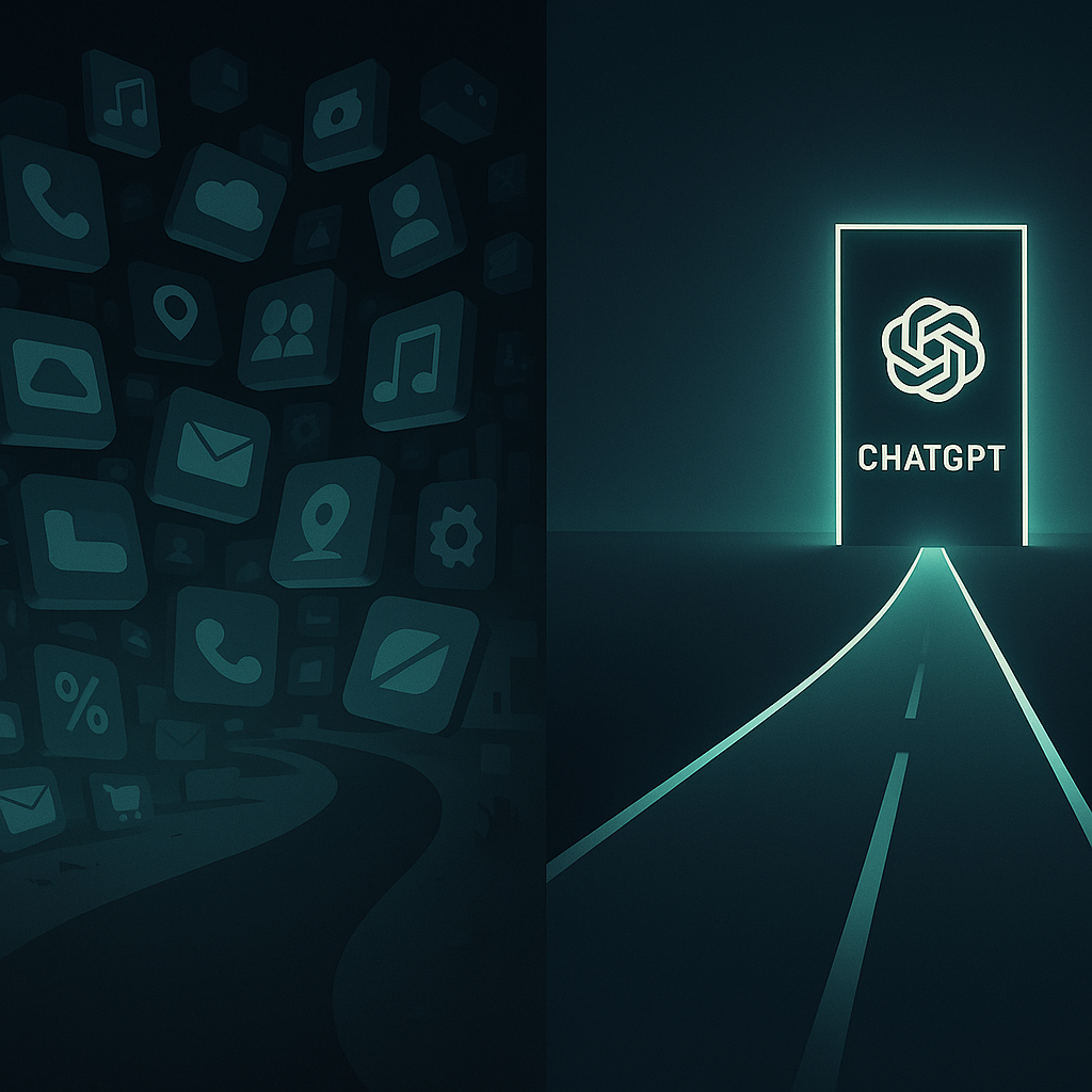 Two diverging paths: one crowded and chaotic with flashing app icons, the other a quiet highway leading to a clean glowing door.