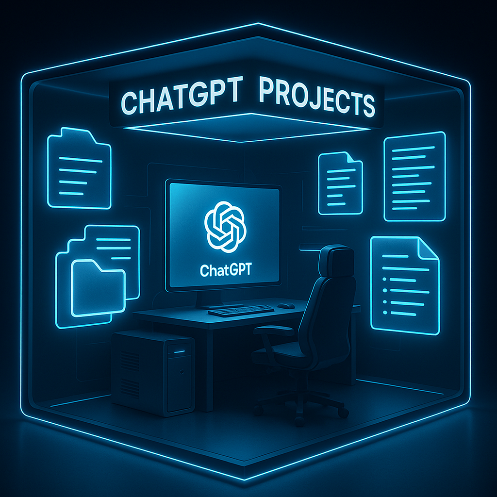  A high-tech workspace room nested inside a larger AI interface, representing Projects as the inner engine of compounding leverage.