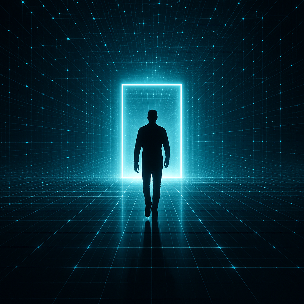 A lone figure walking confidently through a glowing front door into a bright network grid, symbolizing long-term leverage and mastery.