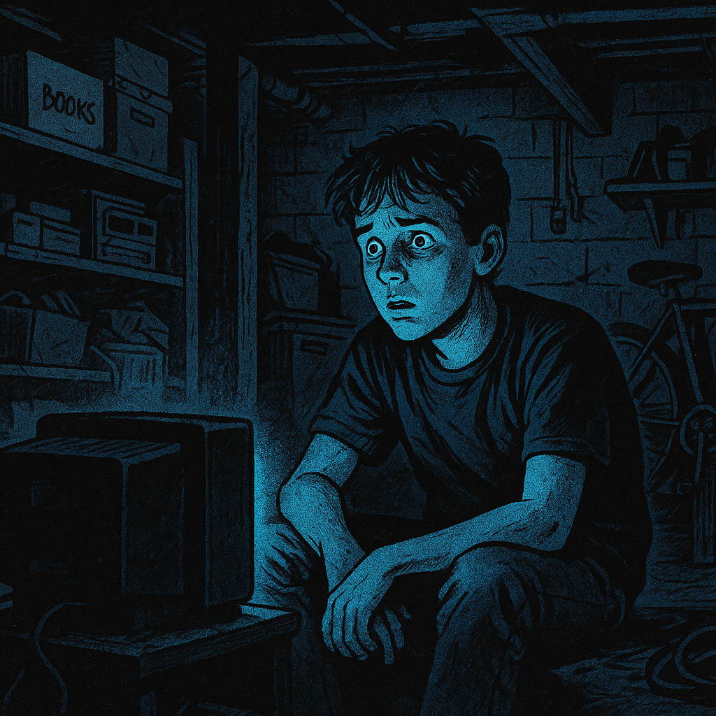 A dim basement TV glow illuminating a teen’s face, transfixed by forbidden footage, symbolizing voyeurism and awakening.