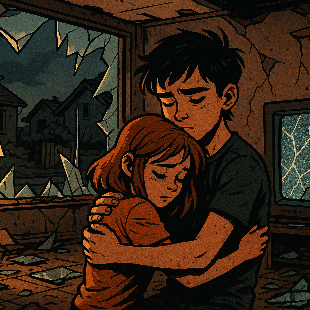 A split-image tableau of tenderness and chaos — two lovers embracing amid debris, representing affection within ruin.