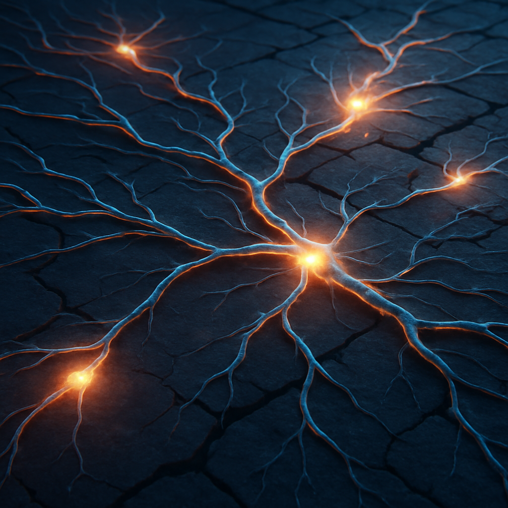 Interconnected neural web of glowing nodes evolving through turbulence — symbol of antifragile digital networks.