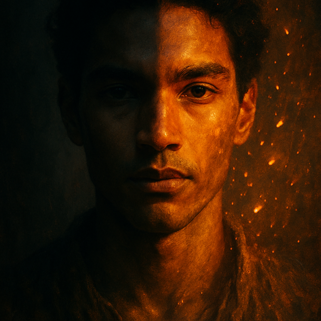 Portrait of a person half in shadow, half in flame, face calm and alive — symbol of the spiky self.