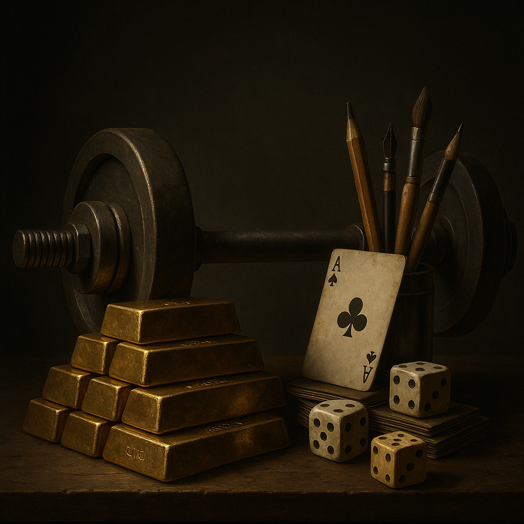 Barbell balancing gold bricks on one end and wild dice on the other, symbolizing Barbell Reality — safety and risk in balance.