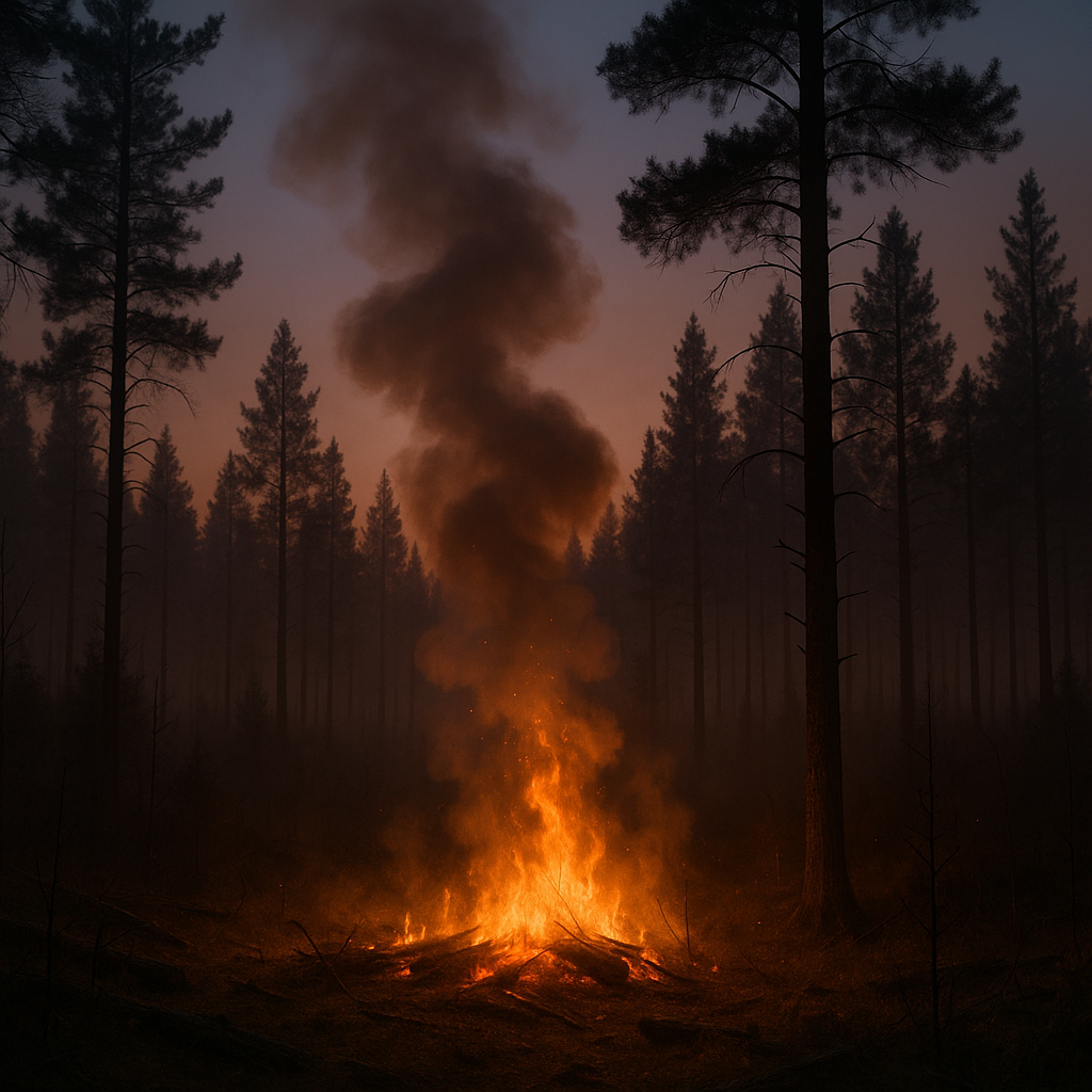 Controlled forest fire glowing at dusk — symbol of renewal through destruction.