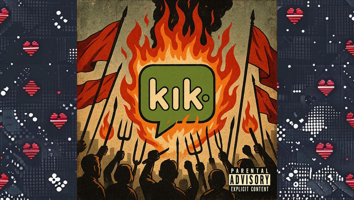 Stylized warning graphic about outdated messaging app usage in modern dating