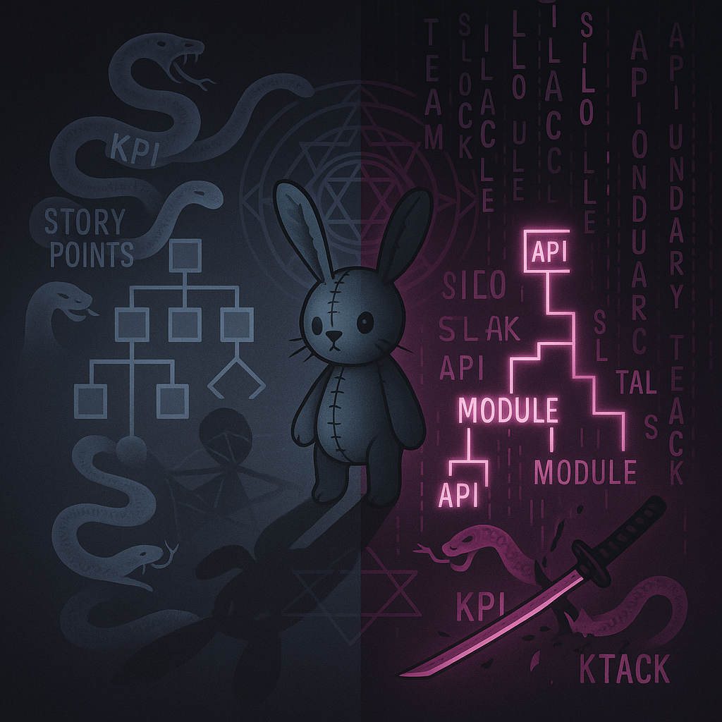 Org chart morphing into system architecture diagram showing mirrored structure