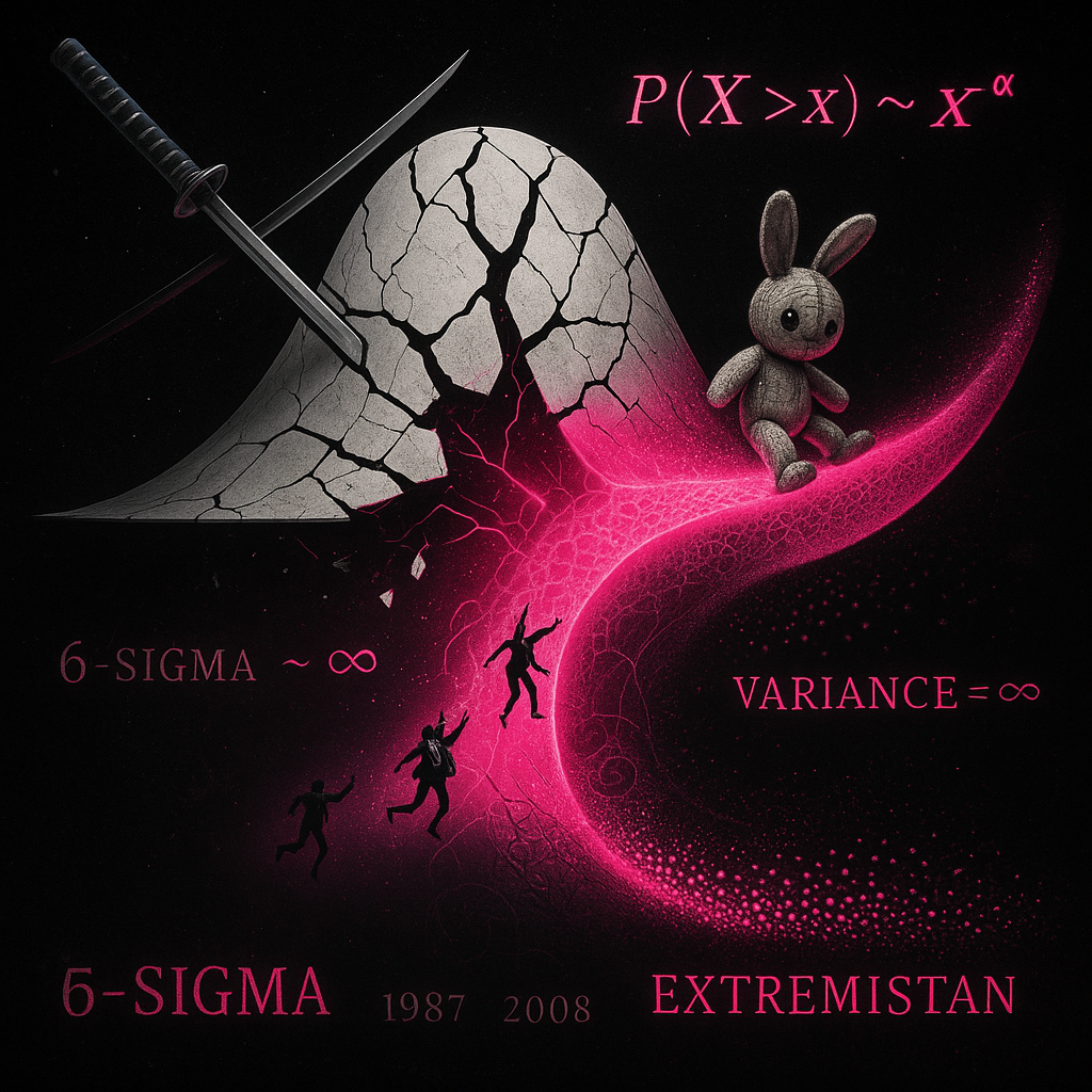 Comparison of thin bell curve versus fat-tailed distribution with extreme events highlighted in neon