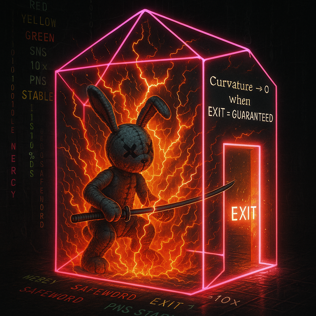 Neon boundary container with open exit portal showing how safe escape route enables deep internal exploration