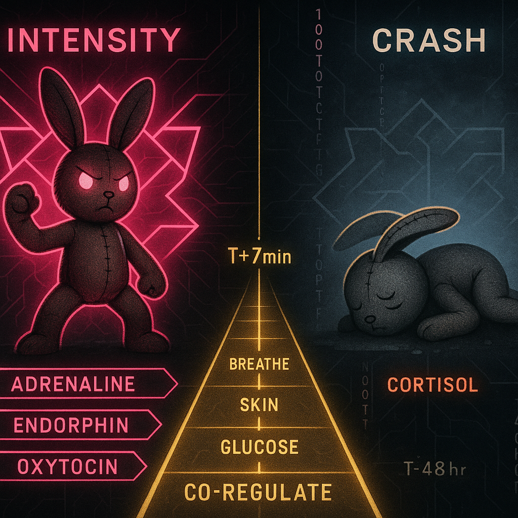 Neon neural network pathways showing neurochemical cascade from intense arousal to recovery with autonomic system visualization