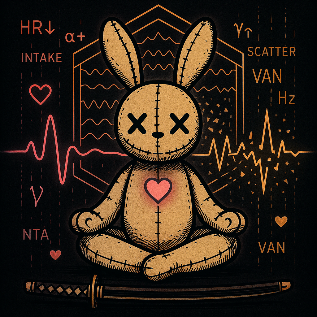 Split neural visualization showing calm bradycardia pattern versus scattered tachycardia with diffuse gamma connectivity