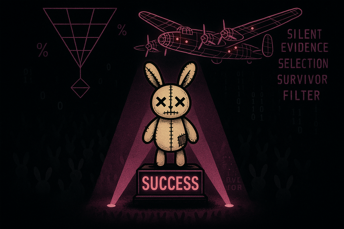 Neon pink spotlight illuminating few winners while shadows hide thousands of failures with bullet hole pattern overlay on black