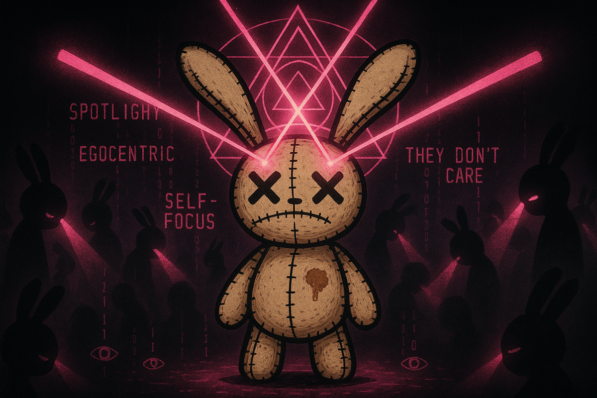 Single bright spotlight beam in neon pink on empty stage with fading, dim audience silhouettes showing illusion of attention on black