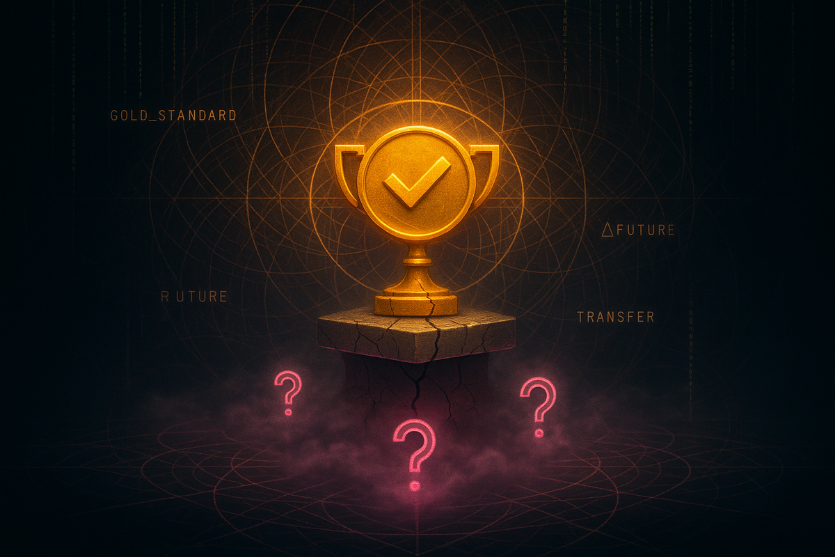 Golden trophy on cracking pedestal surrounded by fog and uncertainty symbols
