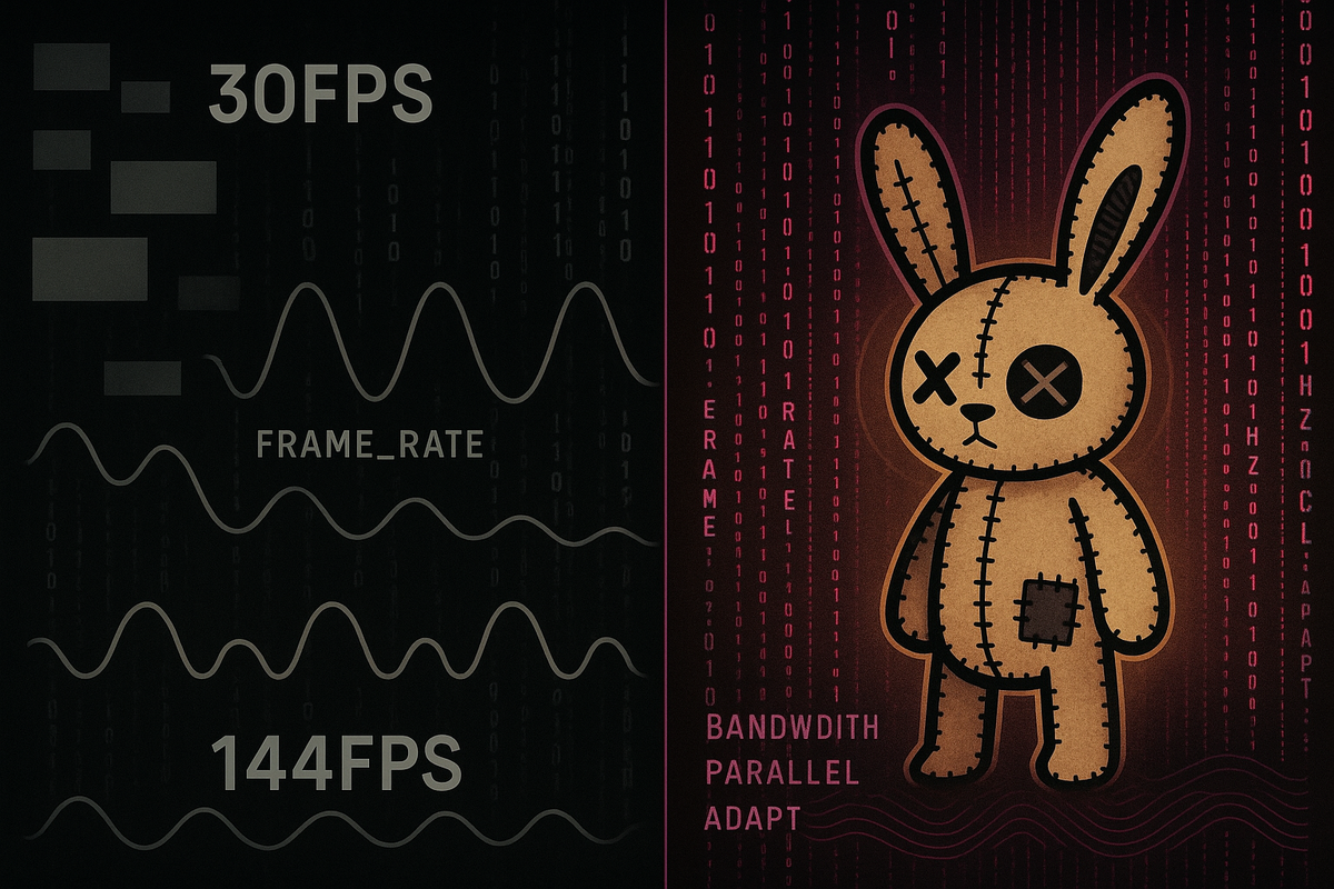 Split visualization of slow 30fps data stream versus fast 144fps flow with voodoo bunny comfortable in high-density side