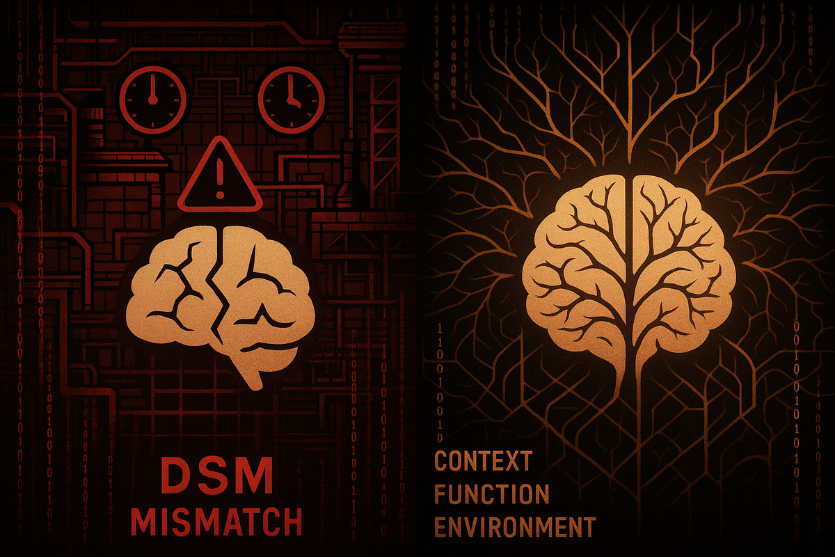 Same brain icon shown in two environments - broken in rigid industrial setting, thriving in organic flowing network