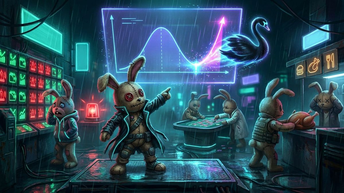 Stitched voodoo bunny in a neon trench coat points at a holographic bell curve whose tail spikes as a black swan flies out, while other bunnies panic at red market screens.