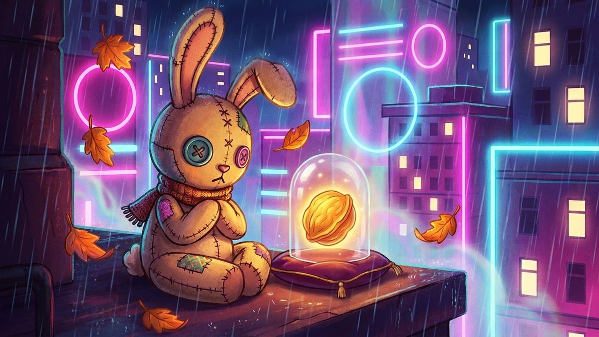 A stitched patchwork voodoo bunny doll in a scarf solemnly guards a glowing golden walnut under a glass bell jar on a rainy neon cyberpunk rooftop in autumn